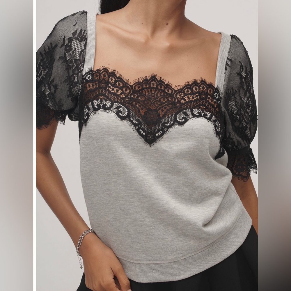 NWT Anthropologie Maeve Puff-Sleeve Lace Trim Top